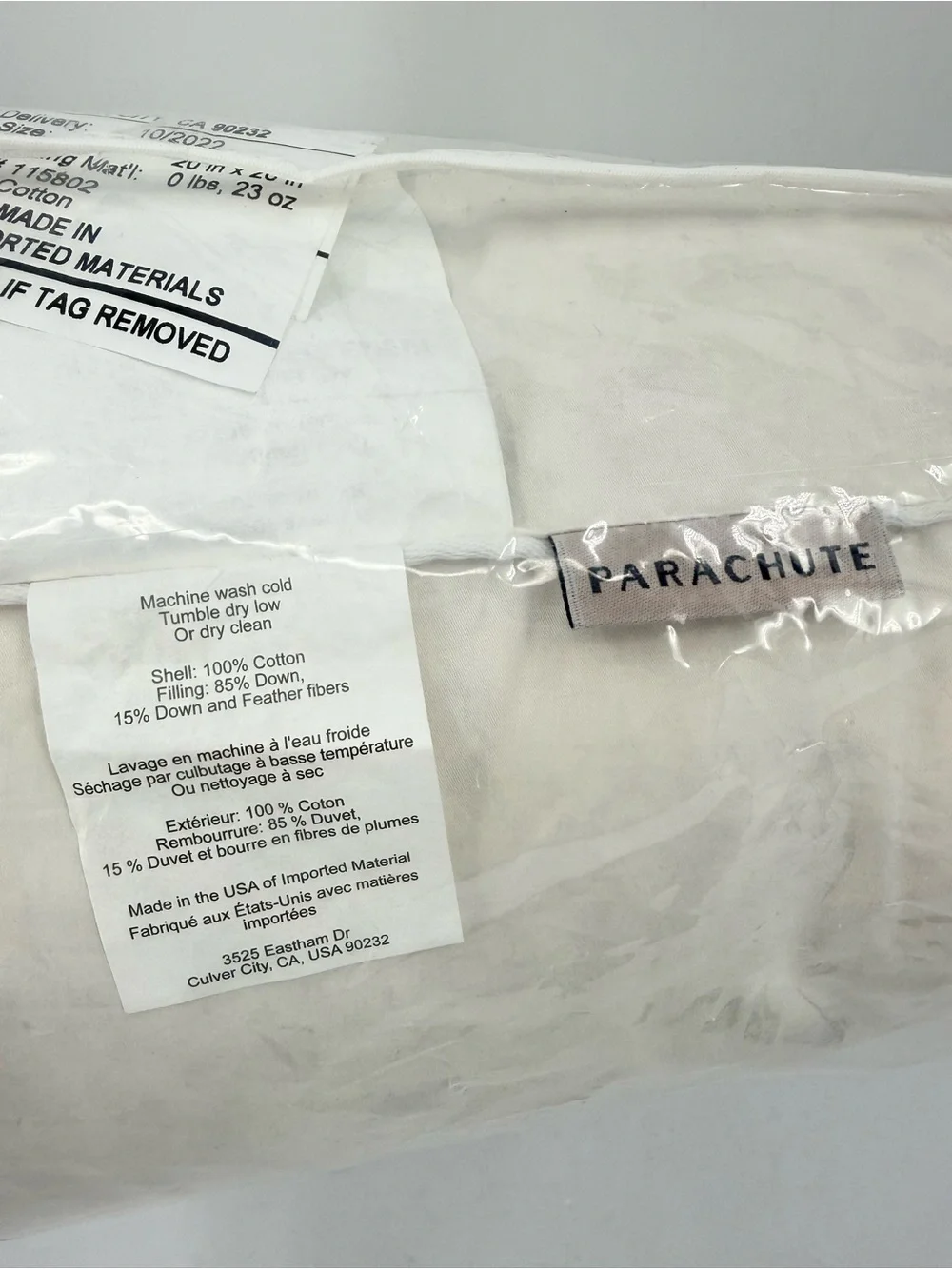 Parachute Firm Down Pillow Size Standard 100% Cotton Shell - Picture 5 of 9